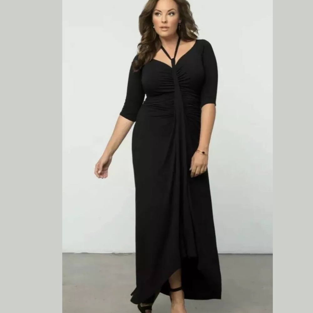 Kiyonna Divine Draped Maxi Dress Tie Neck Black